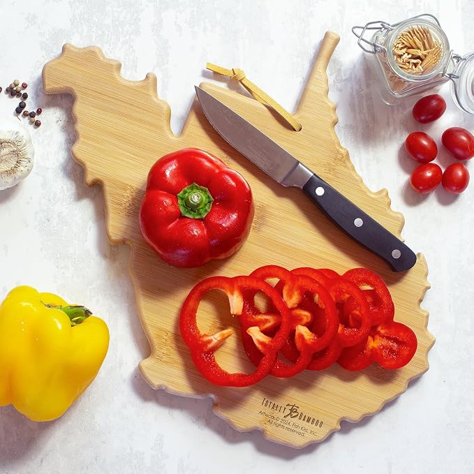 Totally Bamboo West Virginia State Shaped Cutting Board, Art by Fish Kiss | State charcuterie board with colorful hand-drawn map artwork. Smooth reverse side for food prep. Hang tie for wall display.
