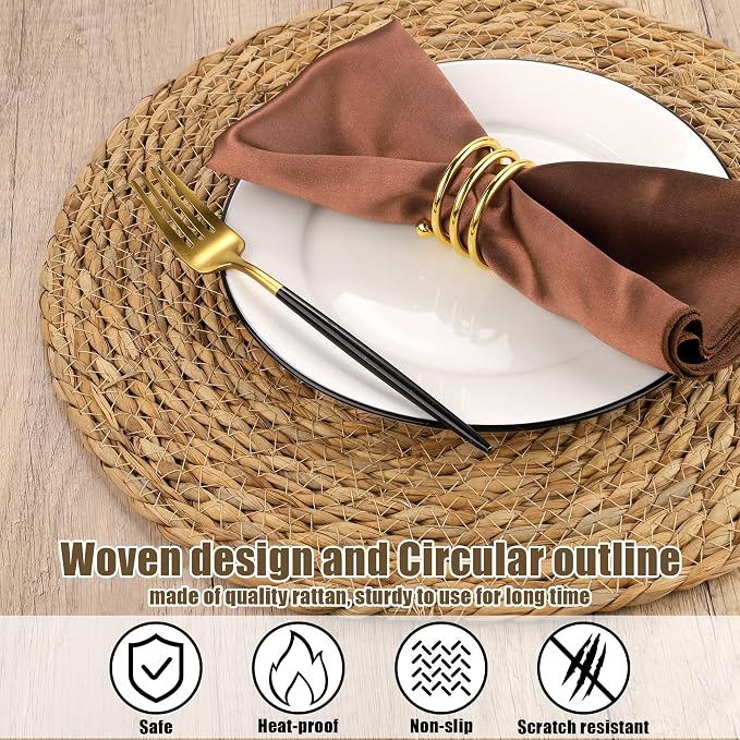 Kochorie Set of 12 Round Woven Placemats - 13.8 Inches Natural Boho Rattan Wicker Table Mats for Home Dining Table