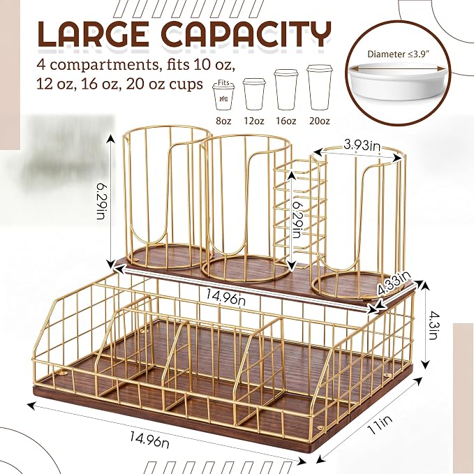 Coffee Cup and Lids Organizer with 4-compartment Double Layer, Cup and Lid Holder for Coffee Pod Straw and Lid Storage, Fits 4-20 oz Cups, Max Accommodable Dia 3.9 in