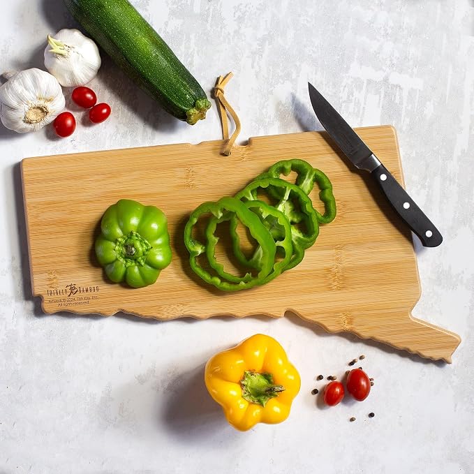 Totally Bamboo Connecticut State Shaped Cutting Board, Art by Fish Kiss | State charcuterie board with colorful hand-drawn map artwork. Smooth reverse side for food prep. Hang tie for wall display.