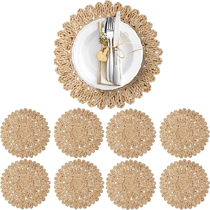 15" Corn Husk Woven Round Placemats Set of 8 - Wicker Boho Farmhouse Placemats - Rattan Table Mats for Dining Table, Wedding, Home