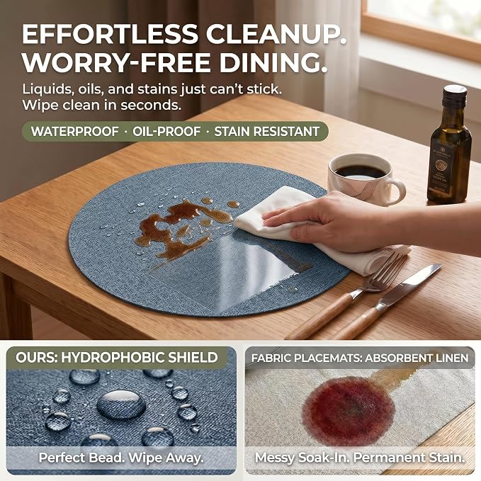 Faux Leather Placemats Set of 4, Wipeable Waterproof Stain Resistant Table Mats, Heat Resistant Thick Placemats with Hand-Painted Edges for Kitchen Dining, Imitative Linen Texture, Various Shapes