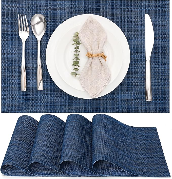 Myir JUN Placemats Set of 4 Kitchen and Dining Table Placemats | Vinyl Placemats Place Mats Indoor/Outdoor Set of 4 Washable Table Mats Non-Slip Place mats for Dining Table, Dark Blue