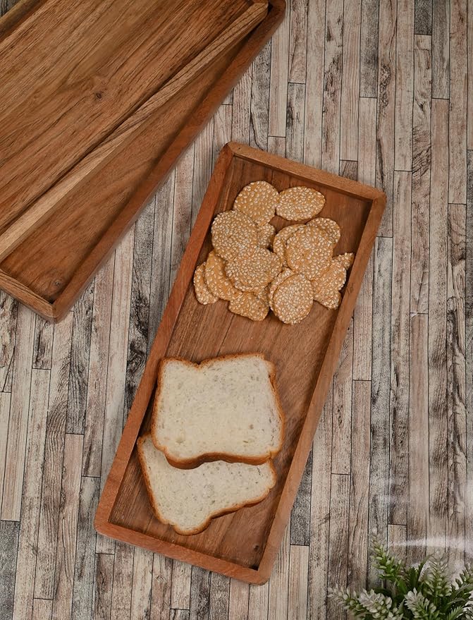 Acacia Wood Rectangular Wooden Platters for Home Decor, Food, Vegetables, Fruit, Charcuterie, Appetizer Serving Tray (13" x 5.5" x 0.75") (Set of 3)