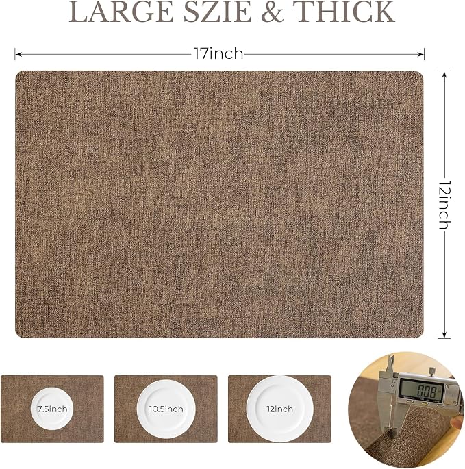 Romanstile Vinyl Placemats Set of 6-12 X 17 Inch - Faux Leather 100% Waterproof Wipeable Anti Slip Place Mats, Heat Resistant Reversible PU Table Mats for Kitchen Dining Party Outdoor, Brown