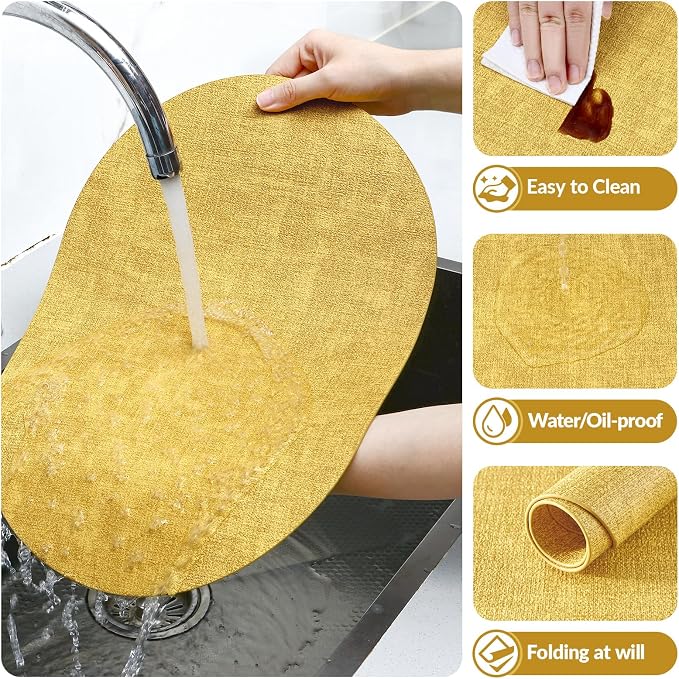 Placemats Set of 4, 11.8 x 17 Inch, Yellow | Heat Resistant Oval Faux Leather Place Mats, Waterproof Wipeable Reversible PU Placemat, Indoor & Outdoor