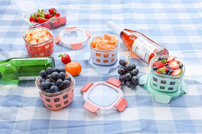 Ello Duraglass 2 Cup Glass Storage Containers with Lids, 4 Pack, Melon | Glass meal prep set with silicone sleeves, leakproof BPA-free lids, microwave and oven safe, freezer and dishwasher safe