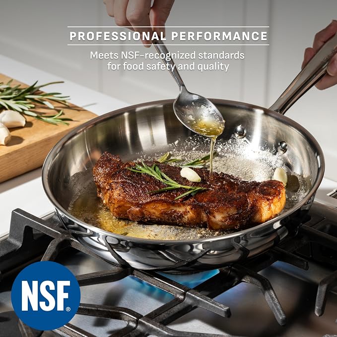 T-Fal Pro Tri-Ply Stainless Steel 10 in Frying Pan, Induction Skillet | Tri-ply construction, NSF professional grade, Built-in measuring marks, Sears steaks and fillets, Oven safe to 500 °F