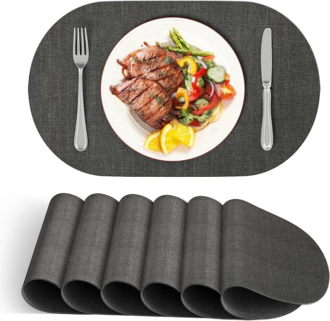 DOLOPL Oval Placemats Set of 6, Charcoal Faux Leather Place Mats, Large | Large Size 13.8" x 21.6", Reversible, Wipeable & Washable, Heat Resistant, Waterproof, Modern Style for Kitchen, Dining Table