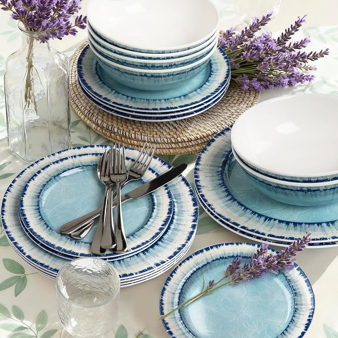 Melamine Dinnerware Set of 18 Pcs Dinner Dishes Set, Lightweight Unbreakable for Indoor and Outdoor Use, BPA Free, Dishwasher Safe, Light Blue