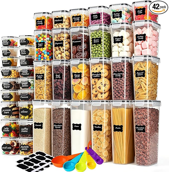 42pcs Airtight Containers, Clear Stackable Dry Food Storage | 42pk clear airtight containers with tight lids keep dry food fresh. Safe plastic, stackable for pantry kitchen storage