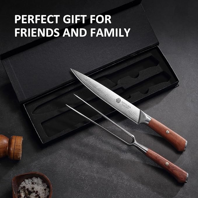 YOTSUBA Japanese Carving Knife and Fork Set, Razor-Sharp German Stainless Steel, Full Tang Ergonomic Rosewood Handle, Slicing Knife for Meats, BBQ & Brisket, Premium Gift