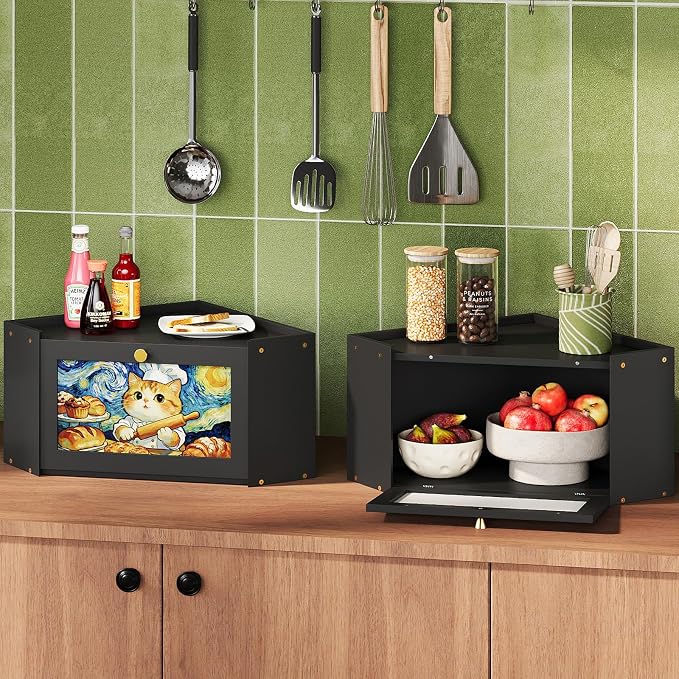 Trironsun Bread Box for Kitchen Counter Van Gogh Inspired Starry Night Cat Bread Storage Container with Acrylic Door Cute Baker Cat Design Unique Breadbox Organizer (Black, 1 Layer)