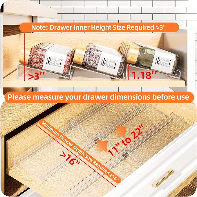MUDEELA Clear Spice Drawer Organizer, 3 Tier- 2 Set (6 Packs) | Expandable From 11" to 22", (Jars not included), Kitchen Seasoning Organizers and Storage for Drawer