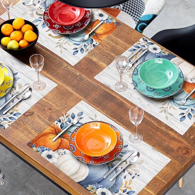 Thanksgiving Placemats Set of 4 18x12 Inch Fall Blue Pumpkin Linen Place Mats Heat-Resistant Washable Wipeable Autumn Leaf Floral Wood Grain Table Mat for Party Kitchen Dining Room Dinner Table Decor