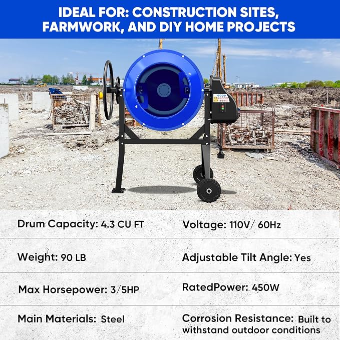 120L Electric Cement Mixer, 4.3 Cubic Ft. 450W 3/5HP Portable Concrete Mixer Machine with Stand And Wheels for Stucco, Mortar, Seeds, Blue