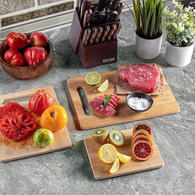 Bamboo Cutting Boards for Kitchen - Set of 3 Reversible Wood Cutting Boards with Handle, Large Medium Small Chopping Boards for Meat Vegetables Fruit Cheese Bread, Knife Friendly, 13x9.5 11x8.5 8x6