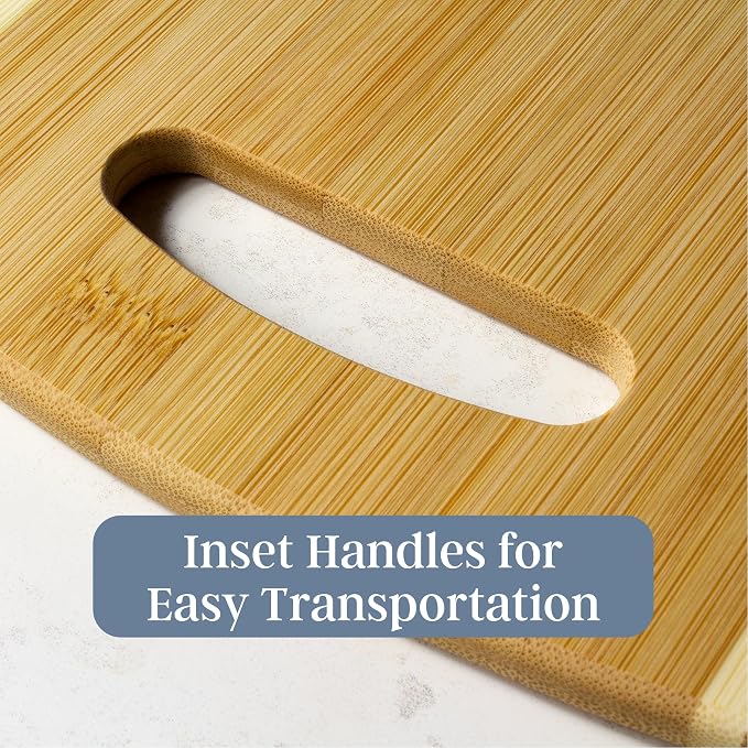 Totally Bamboo 2-Piece Cutting Board Set; 2 Assorted Sizes of Bamboo Wood Cutting Boards for Kitchen | Large and medium wood chopping boards. Everyday prep for produce, meat, fish and poultry. Built-in handle holes for storage.
