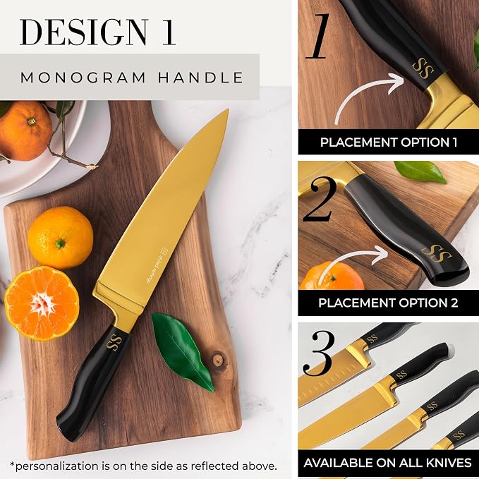 Personalized Black and Gold Knife Set with Block and Sharpener, 14-Piece | Custom Engraved Titanium-Coated Gold Knives - Full Tang, Stainless Steel, Ergonomic, Gift-Ready