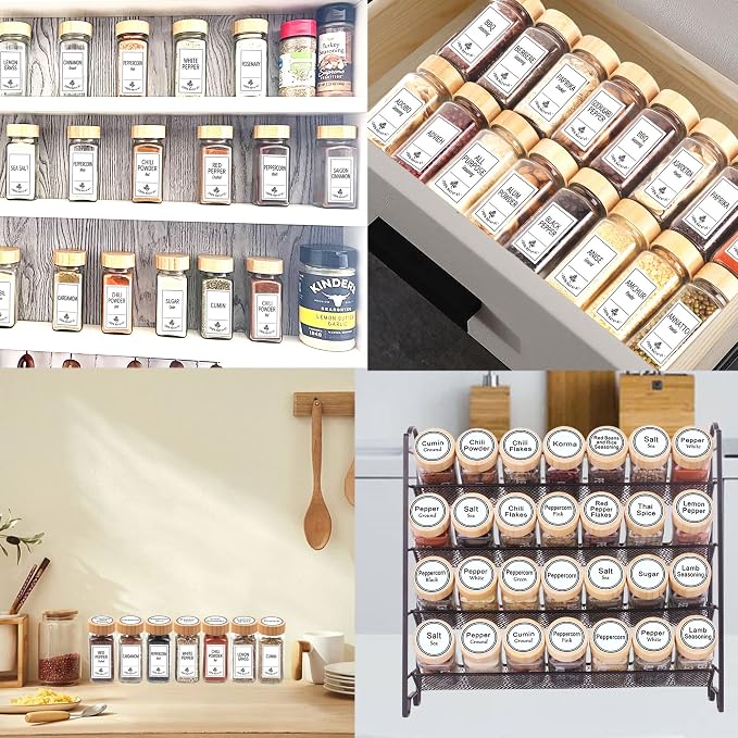SWOMMOLY 48 Pcs 4 oz Glass Spice Jars with 806 Spice Labels, Bamboo Lids | Square Spice Bottle with Pour/sift Shaker Lid, Chalk Marker Funnel, Seasoning Storage Containers for Racks, Cabinets, Drawers