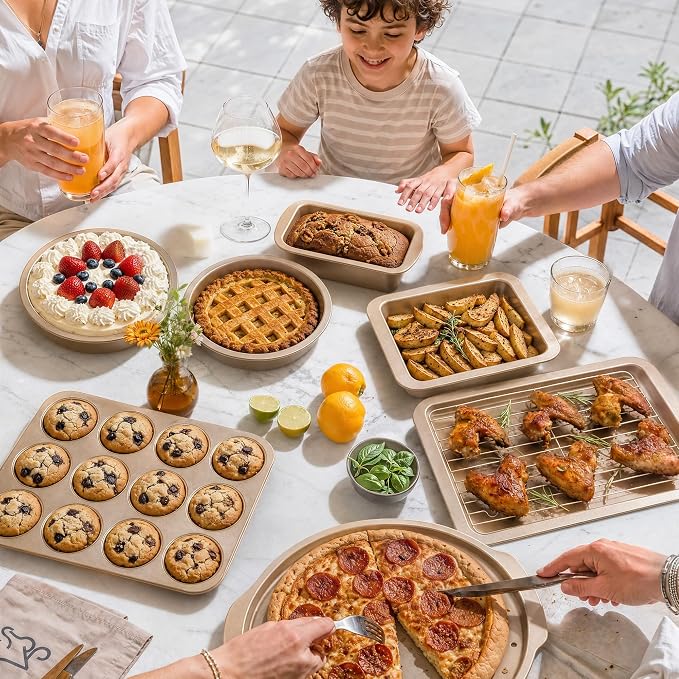 Bakeware Sets, Baking Pans Set, Nonstick Oven Pan for Kitchen with Wider Grips, 10-Piece Including Rack, Cookie Sheet, Cake Pans, Loaf Pan, Muffin Pan, Pizza Pan - Champagne Gold