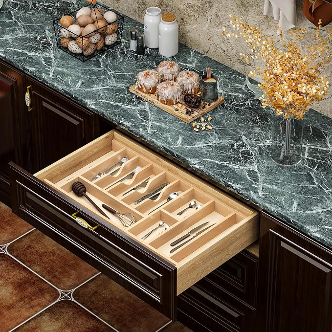 Clikuutory Natural Birch Wood Utensil Drawer Insert Organizer with 12 Compartments, Space-Saving Sturdy Drop-In Cutlery Divider Tray, Kitchen Cabinet Storage for Silverware, Spoons, Forks and Knives