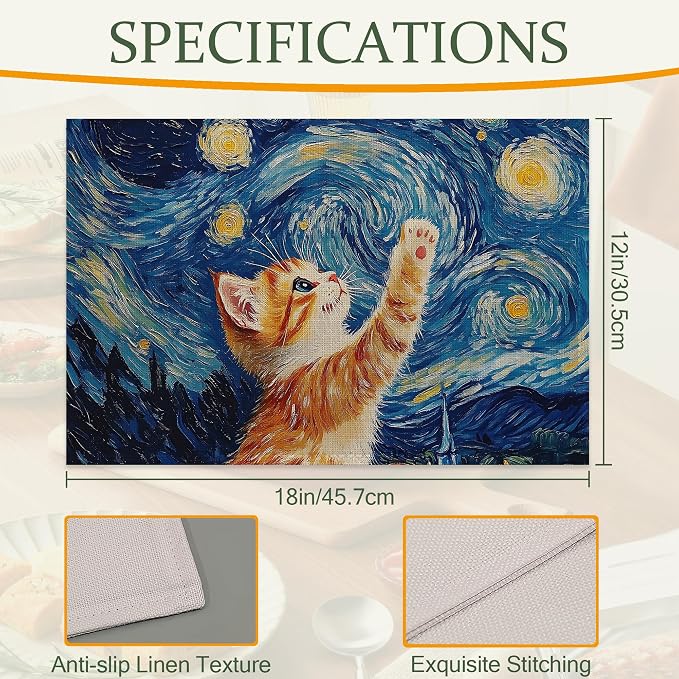Cute Cat Cloth Placemats,Blue Starry Sky Heat-Resistant Table Placemats Set of 6, Washable Linen Place Mats for Dining Room Table Decor Home Restaurant Cafes Holiday Party 11.8x17.7 Inch