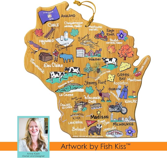Totally Bamboo Wisconsin State Shaped Cutting Board, Art by Fish Kiss | State charcuterie board with colorful hand-drawn map artwork. Smooth reverse side for food prep. Hang tie for wall display.