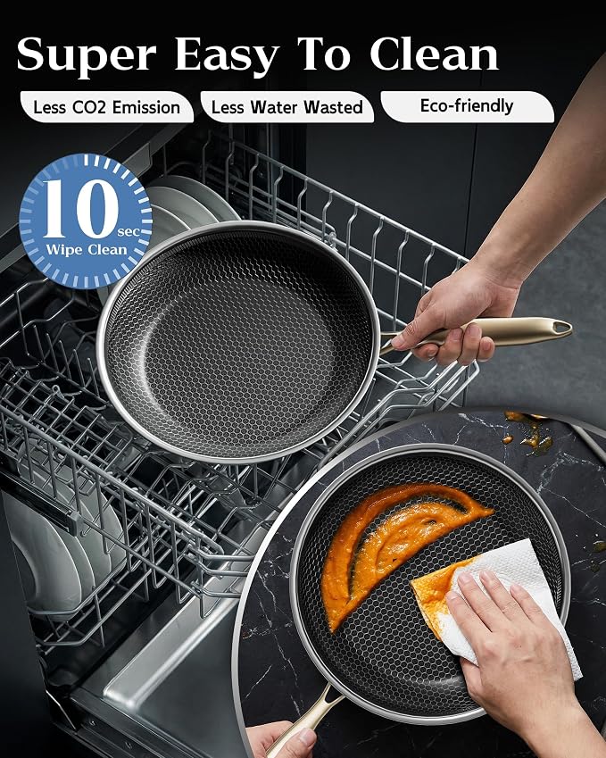 Nonstick Frying Pan Set with 3 Lids, 8+10+12 Inch, Honeycomb Stainless Steel Skillet Pans Set, PFOA-Free Scratch-Proof, Dishwasher & Oven Safe, Compatible with All Cooktops