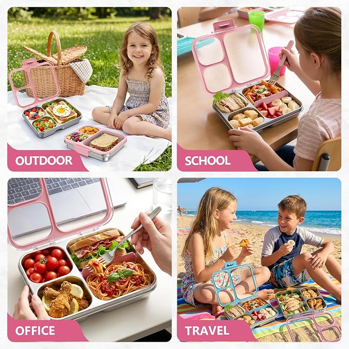 LOHASOK Stainless Steel Bento Lunch Box, 34oz/1000ml, Pink | 3-Compartment, Leak Proof, Lightweight, Clear Plastic Lid, for Kids Adults, BPA/BPS Free, Dishwasher Safe
