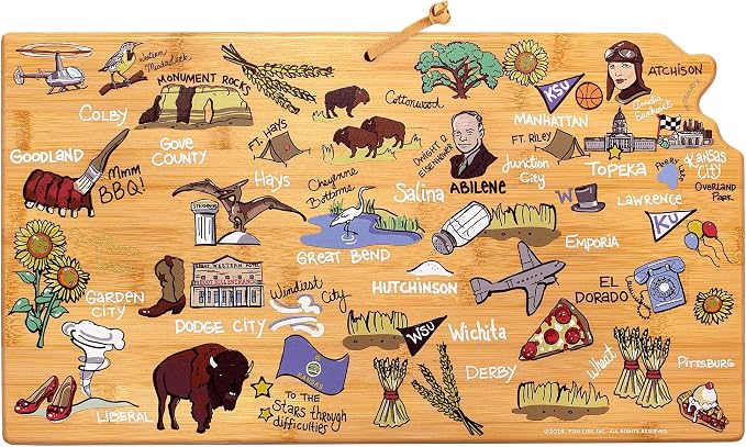 Totally Bamboo Kansas State Shaped Cutting Board, Art by Fish Kiss | State charcuterie board with colorful hand-drawn map artwork. Smooth reverse side for food prep. Hang tie for wall display.