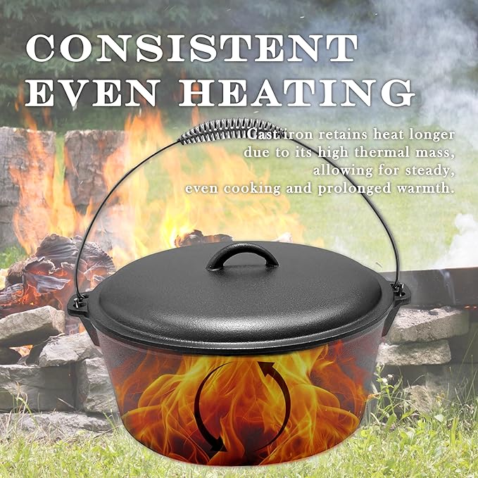 Cuisiland 9 Quart Cast Iron Dutch Oven with Dome Lid, Bail Handle | Pre-Seasoned Large Capacity