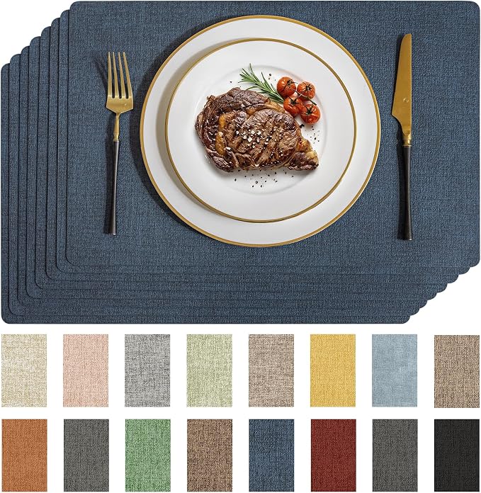Romanstile Vinyl Placemats Set of 8-12 X 17 Inch - Faux Leather 100% Waterproof Wipeable Anti Slip Place Mats, Heat Resistant Reversible PU Table Mats for Kitchen Dining Party Outdoor, Navy Blue