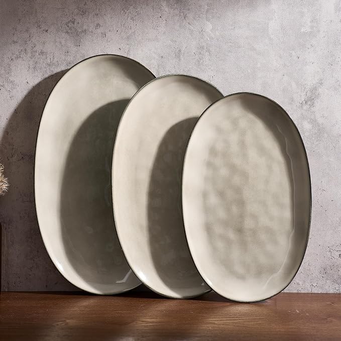 famiware Serving Platters Set of 3 Sizes - Oval, Light khaki | 15.59"/14.3"/12.9" Fine Stoneware Serving Trays for Party, Entertaining for Food, Turkey, Cheese, Microwave Dishwasher Safe