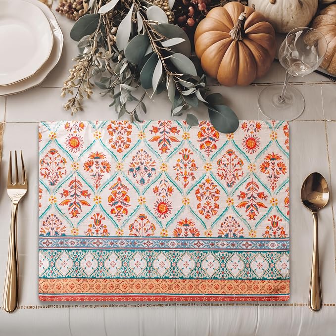 Maison d' Hermine Placemats Set of 4 Reusable 100% Cotton (13"x19") | Cloth Place Mats Washable Table Mats for Kitchen Dining Party Wedding Hotel Home Thanksgiving Christmas - Romane