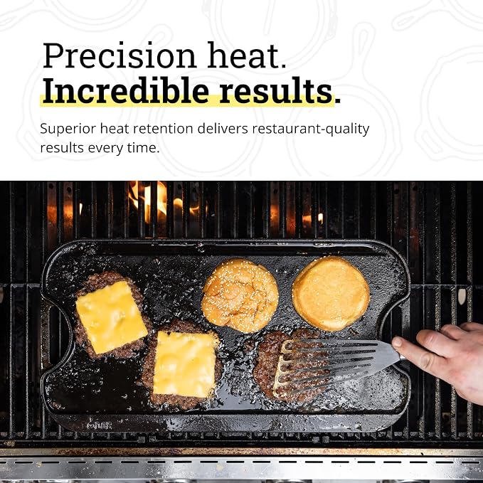 Lodge Pro-Grid Reversible Grill/Griddle - 20 Inches x 10.5 Inches - Dual-Sided Cast Iron Griddle - Double Burner Grill - Even Heat Distribution - PFAS-Free Non-Toxic Cookware