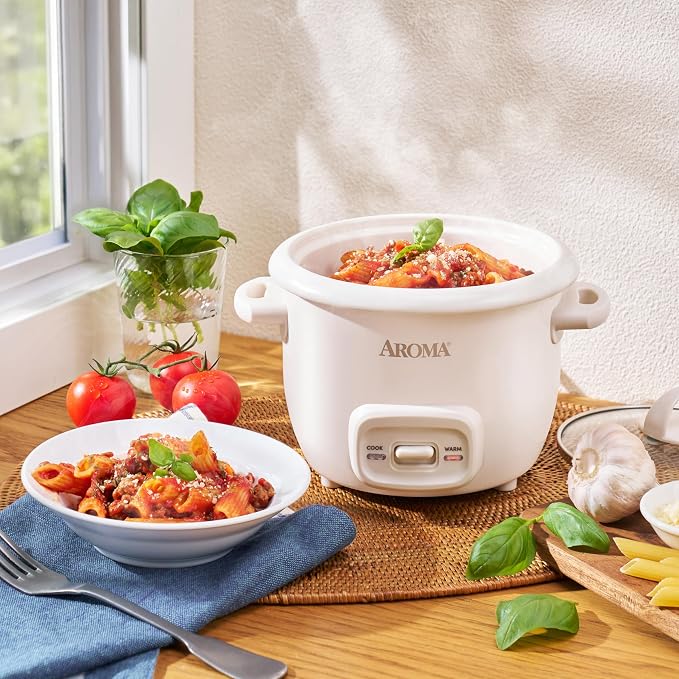 AROMA CoreCoat™ Mini Rice Cooker (3 Cups Cooked) with Nonstick Ceramic Pot Coating, Glass Lid, and Pop-Up Steamer Tray, 0.8 Quart