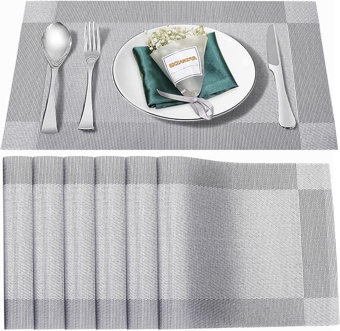Silver Vinyl Placemats Set of 6,Washable Dining PVC Table Mats | Heat resistant, stain resistant non slip vinyl place mats, washable silver table placemats for dining table