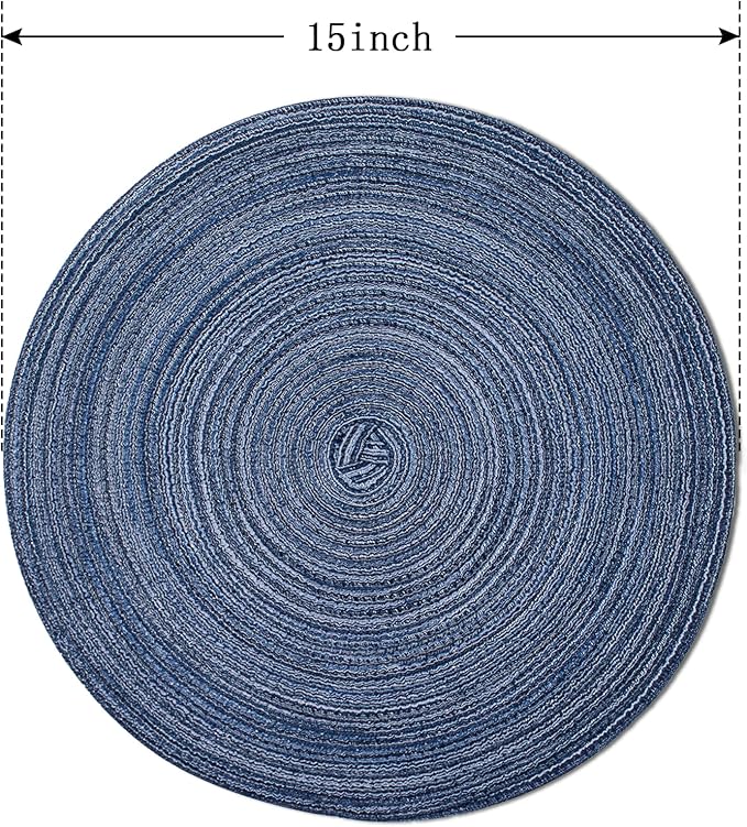 FunWheat Round Braided Placemats Set of 8 Place mats for Dining Tables Woven Heat Resistant Table Mats 15 inch(E Klein Blue, 8pcs)