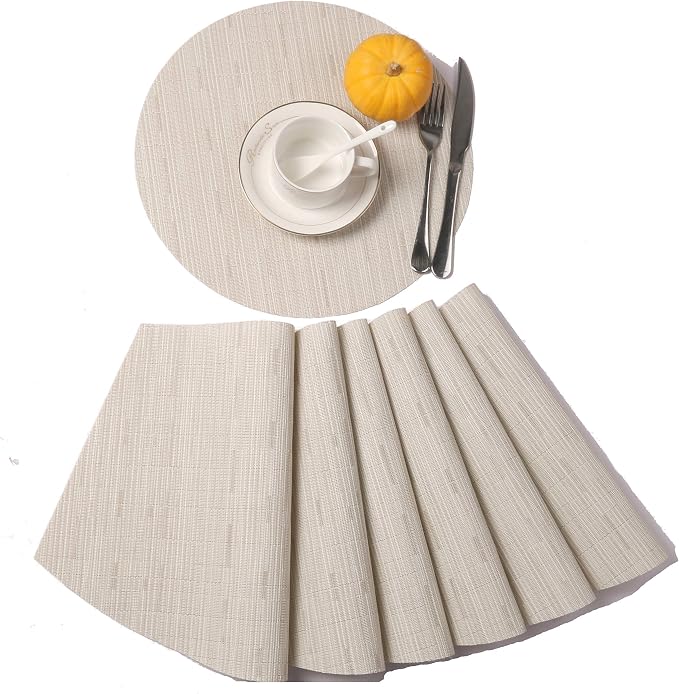 SHACOS Round Table Placemats Set of 7 Wedge Shaped Place Mat with Centerpiece Circle Mat Heat Resistant Small Round Table Mats Washable (7, Beige)