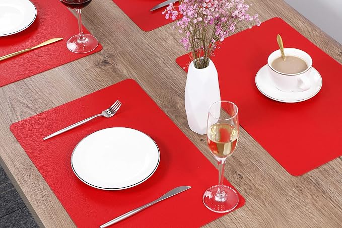 Wipeable Placemats Leather Table Mats Waterproof Heat-Resistant Easy to Clean for Dining Table Set Kitchen Table (4, Red)