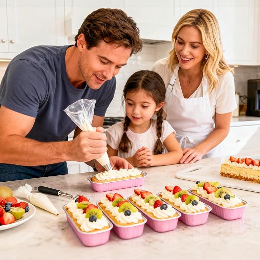 NPLUX Mini Loaf Pans with Lids, 50 Pack Pink 6.8oz for Party Favors | Fits tartlets, pudding desserts, loaf slices and sweet samples; single-base workflow helps limit dish handling.