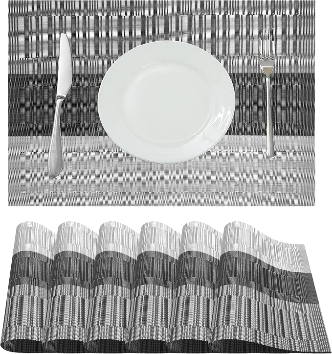 Table Placemats Dining Table Place Mats Set of 6 Heat Resistant Insulation Non-Slip Vinyl for Kitchen Dining Room 18" * 12" Silver Grey