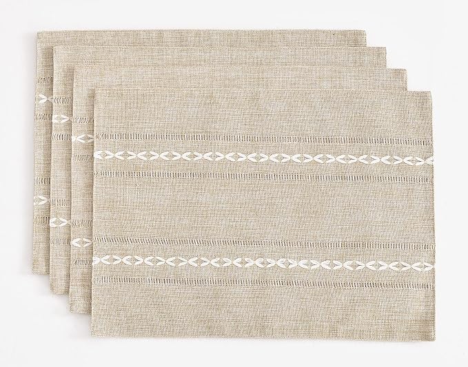 Wracra Cotton Linen Place Mats, Coffee Embroidered Placemats Set of 4 | Placemats 12 x 18 Inch; Cotton Linen Woven Fabric; Heat Resistant Table Mats; Raised Embroidered Hollow Design