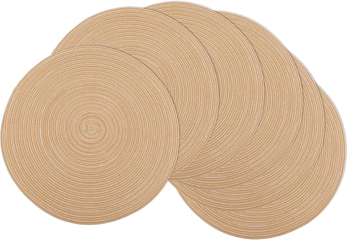 MIAOMIAO Round Placemats Set of 6 Woven Braided Place Mats(Khaki) | 14.5 Inch Cotton Polyester Braided Dining Table Decor Mats Protecting Your Table from Spills & Stains Heat Resistant