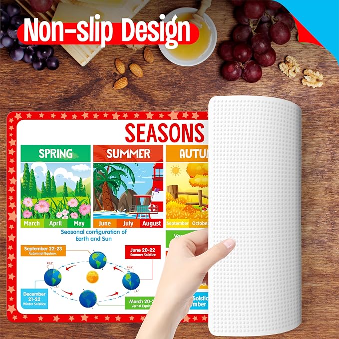 6 Pack Placemats for Kids, Non-Slip Washable Table Mat, Reusable Addition, Subtraction, Time, Calendar, Money & Holiday Placemats for Home, Kindergarten, Classroom, Nursery