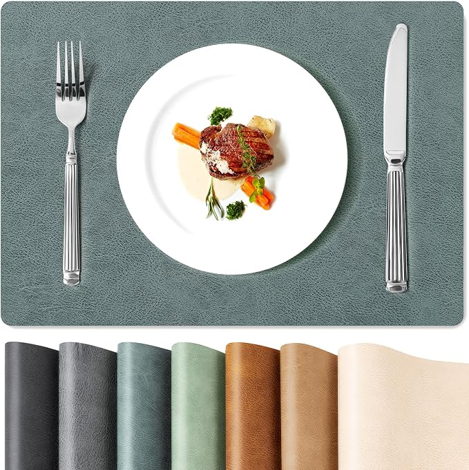 Roxifina Faux Leather Placemats Set of 4 - Vinyl Placemats Wipeable Waterproof Oil-Proof PU Place Mats Heat Resistant Reversible Table Mats for Dining, Kitchen, Outdoor, 12 x 17 Inch (Blue-Green Gray)