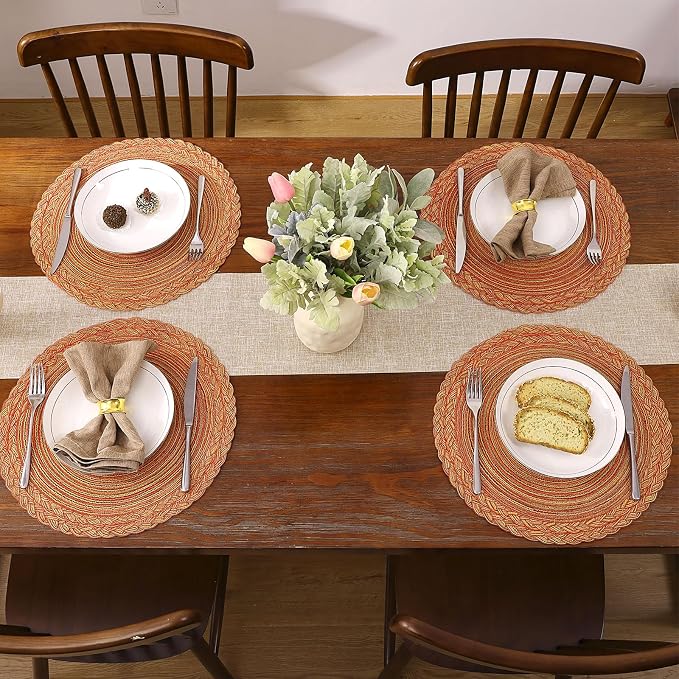 SHACOS Round Placemats Set of 6 Woven Round Table Mats 15 inch Circle Braided Edge Washable Cotton Polyester Kitchen Dining Table Place Mats, Fall Color Mix (Pack of 2)