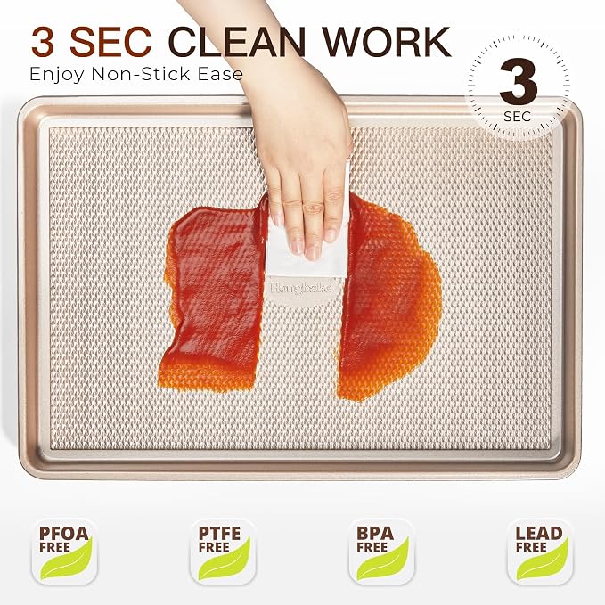3 Pack Gold Nonstick Baking Sheet Pan Set with Oven Mitts Heat Resistant, Non-Toxic Half/Quarter/Jelly Roll Pans with Diamond Texture Pattern, Heavy Duty 0.8mm Thick Cookie Trays for Cooking