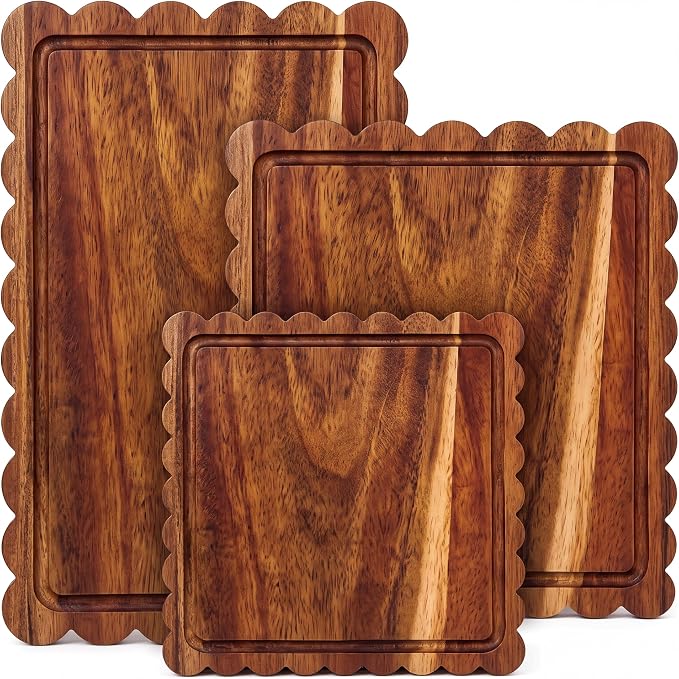 3 Pcs Acacia Wood Scalloped Cutting Boards for Kitchen, Large | Juice Groove, Blank Wood Charcuterie Tray, Snack Cheese, Appetizers Grazing Platter, Engraving Gift, Crafts Rustic Wall